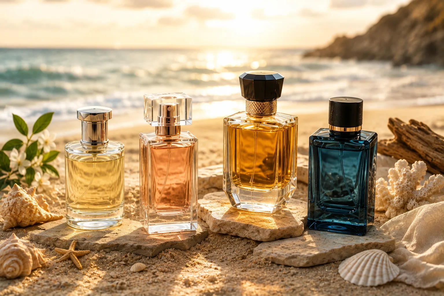 Parfum, Eau de Parfum, Eau de Toilette და Eau de Cologne სუნამოების ბოთლები ქვიშიან სანაპიროზე