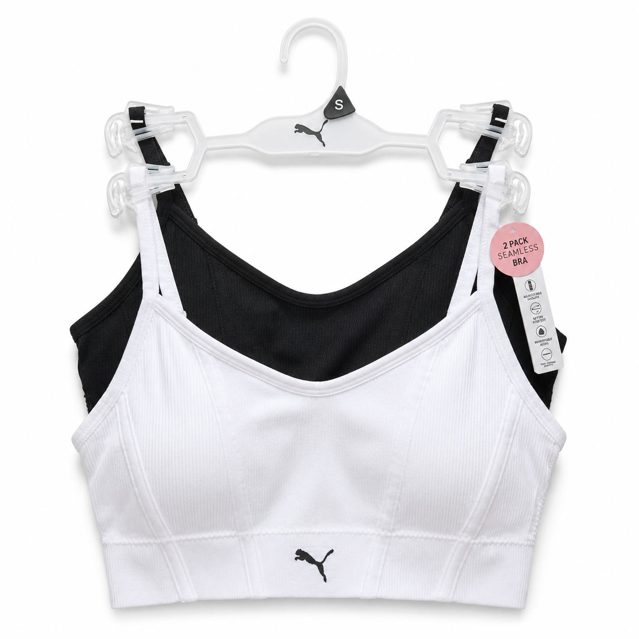 Puma სპორტული ბიუსტჰალტერების ნაკრები (2ც)– თეთრი/შავი - ზომა S